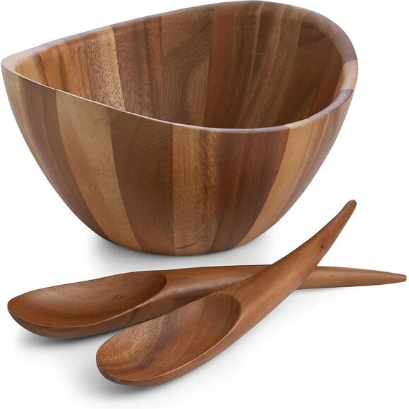 Nambe Harmony 3 Piece Salad Set Bowl & Tongs Brown Acacia Wood NEW $103 - Picture 1 of 13